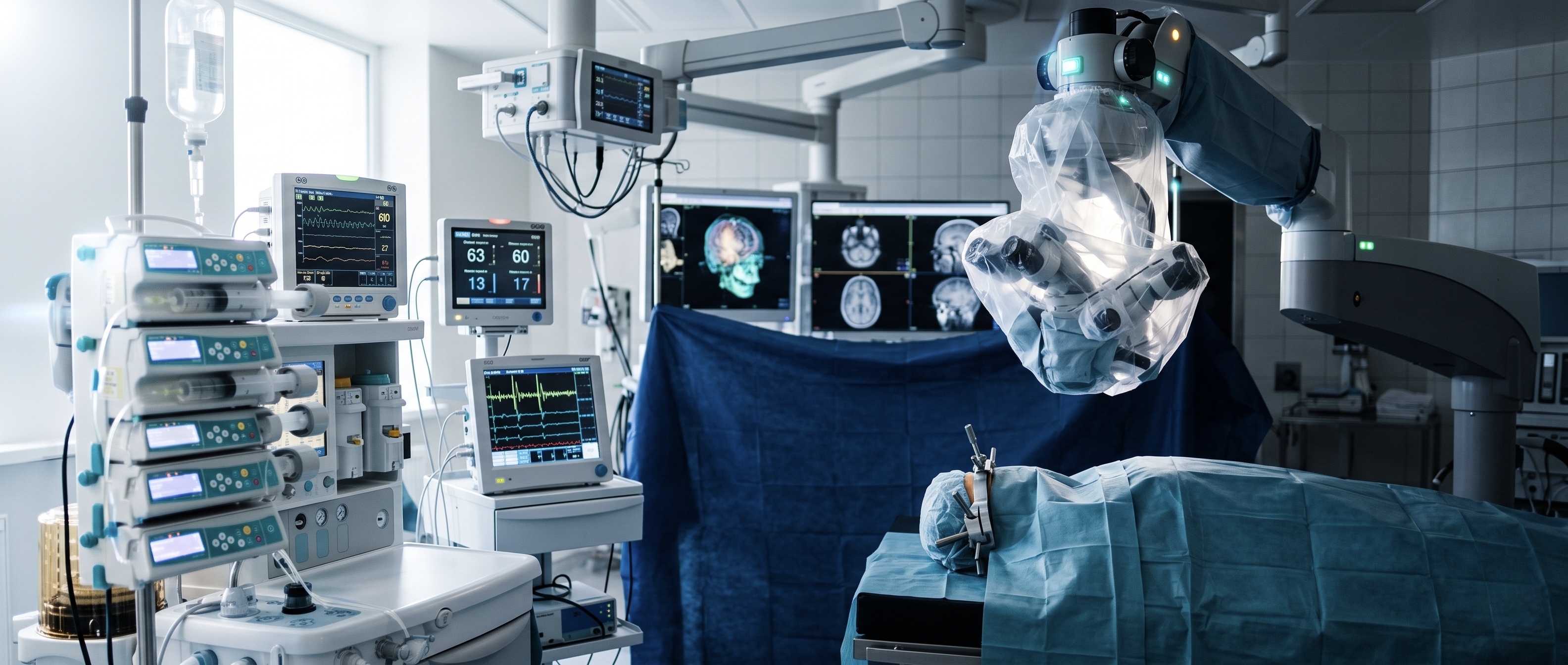 A neurosurgical operating theatre with neuromonitoring screens in deep blue light